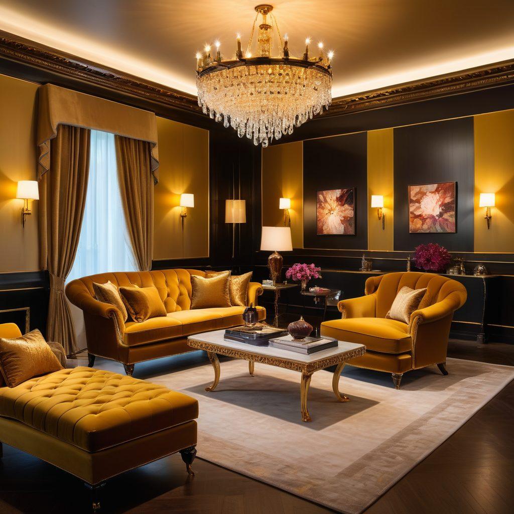 A luxurious, elegant room with premium, plush seating options in various styles and materials, including velvet armchairs, leather recliners, and bespoke chaise lounges. Ambient lighting casts a warm, golden glow, highlighting the sophistication and opulence of the decor. The setting depicts an atmosphere of prestige and exclusivity. Super-realistic. Vibrant colors. Detailed textures.