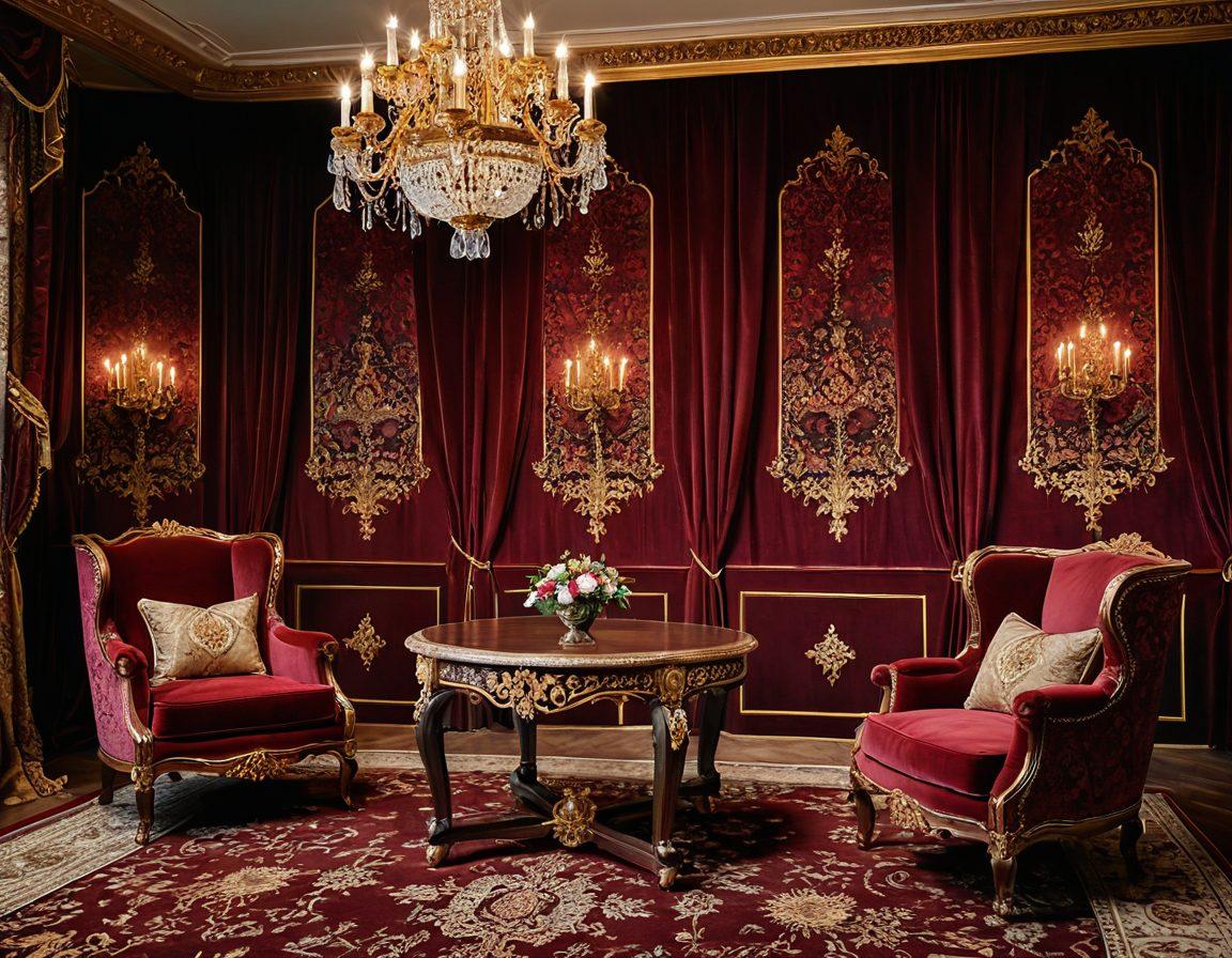 A grand, opulent royal room featuring intricately detailed, high-end furniture: a plush velvet armchair with golden embellishments, a richly carved mahogany table, and a chandelier dripping with crystals. The backdrop showcases a classic royal tapestry with deep colors and regal patterns. painting. vibrant colors. super-realistic.