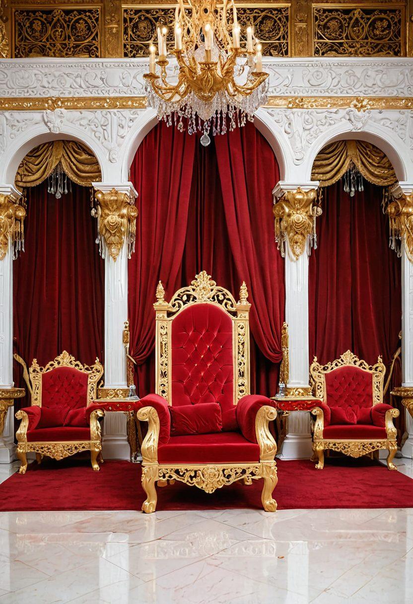 A lavish royal throne room with golden chairs upholstered in rich velvet and intricate carvings, surrounded by opulent draperies and crystal chandeliers, reflecting an ambiance of ultimate luxury and elegance. An ornate red carpet leading to the main throne, with subtle lighting emphasizing the grandeur. super-realistic. vibrant colors. white background.